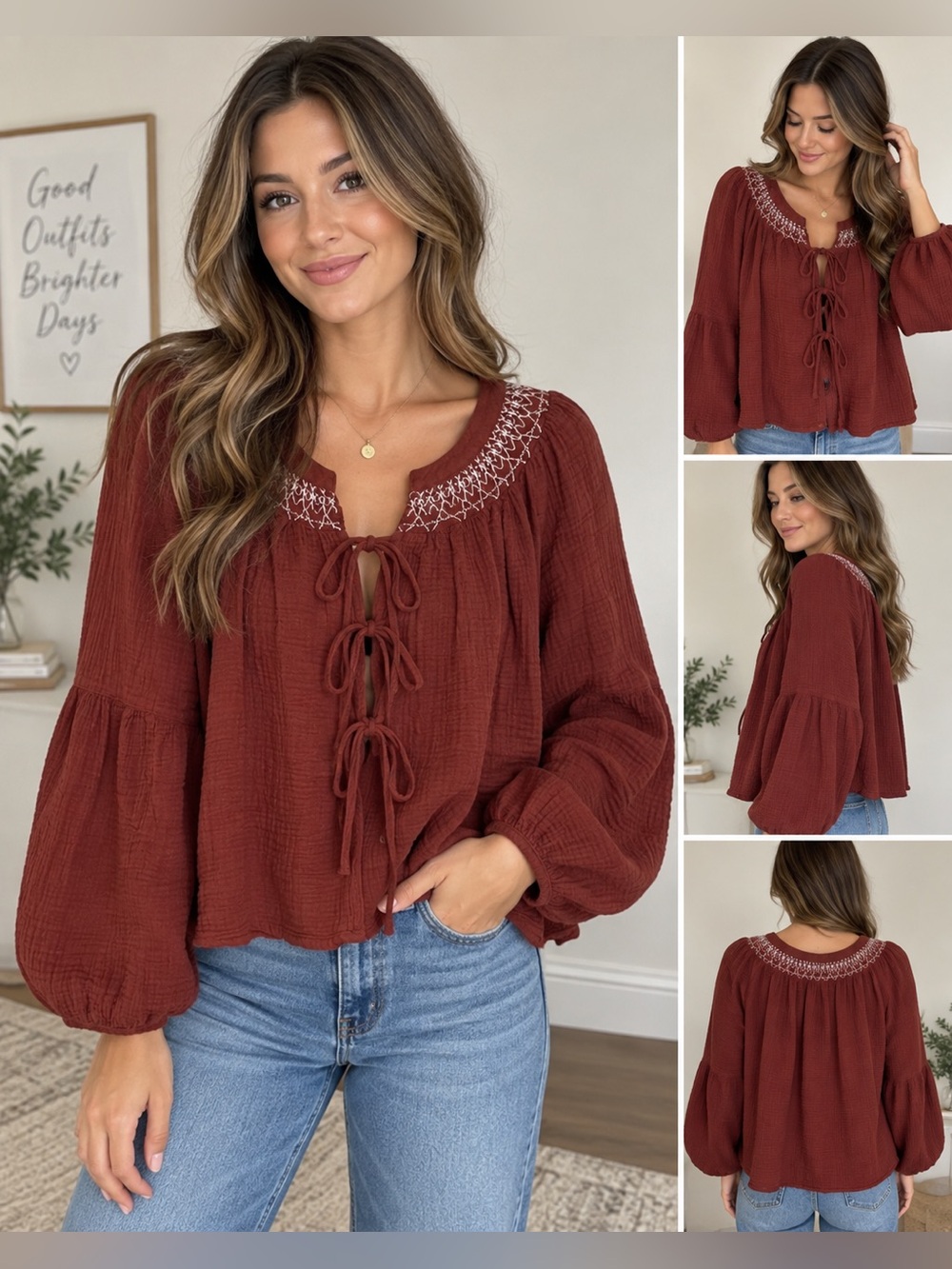 Universal Thread Boho Embroidered Peasant Top Burgundy Size M NWT